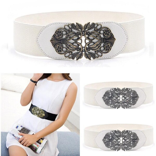 Retro Totem Waistband Elastic Stretch Dress Waist Belt Buckle Band Women - White