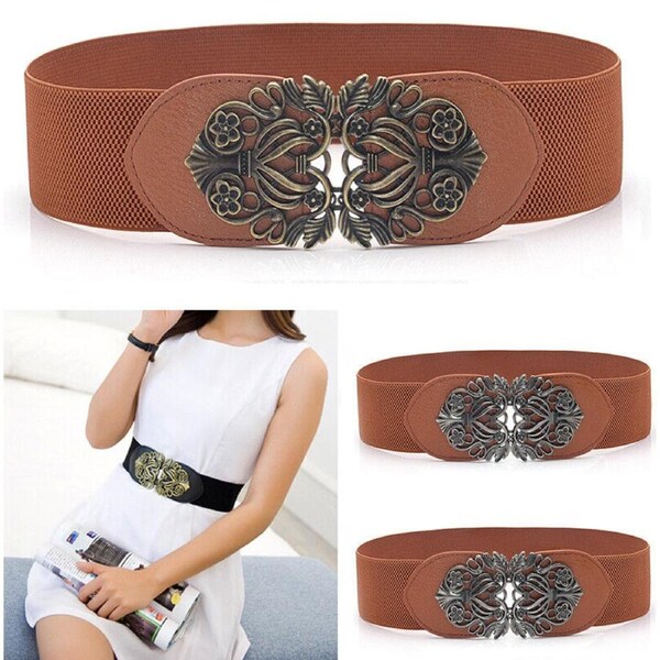 Retro Totem Waistband Elastic Stretch Dress Waist Belt Buckle Band Women - Bown