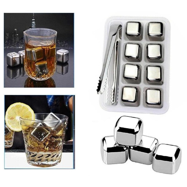 Stainless Steel Whiskey Stones x 8 Ice Cubes With Tong Reusable Cooling Ice Cube