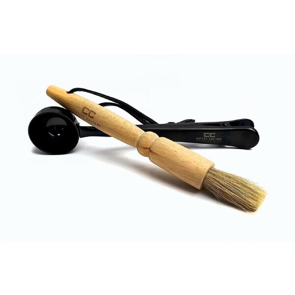 Coffee Culture 2Pc Oak Wood Coffee Brush And Black Spoon Set