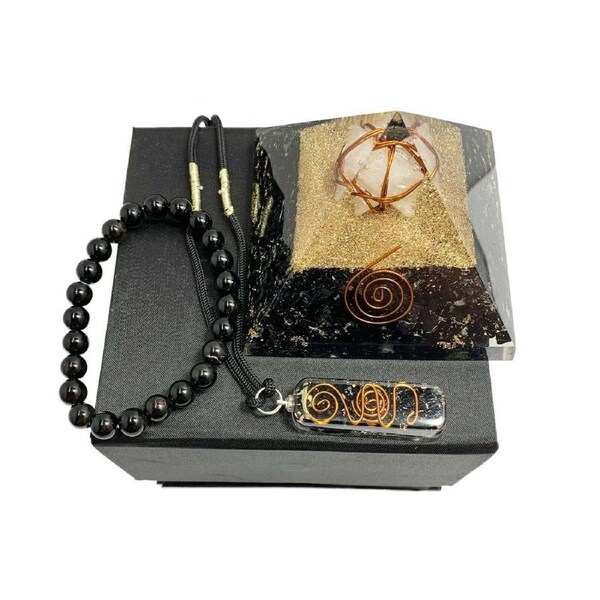 Black Tourmaline Orgone Healing Necklace Pendant Pyramid Bracelet Gift Set Box
