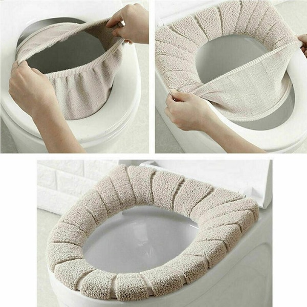 Beige Soft Bathroom Toilet Seat Closestool Washable Warmer Mat Cover