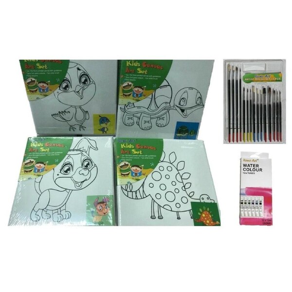 4 Kids Artist Canvas Printed Bulk Watercolour Tubes 15 pcs Brush Set 15 x 15cm