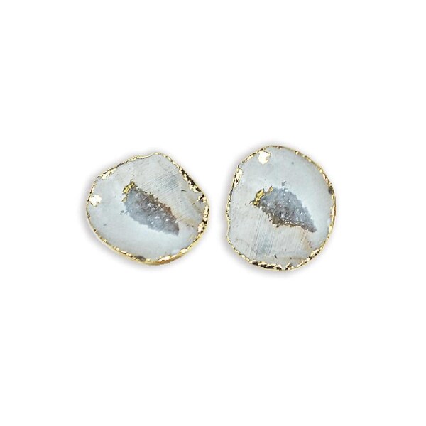 Natural Geode 1 Pair Earring Studs Gold Gemstone Crystal Healing