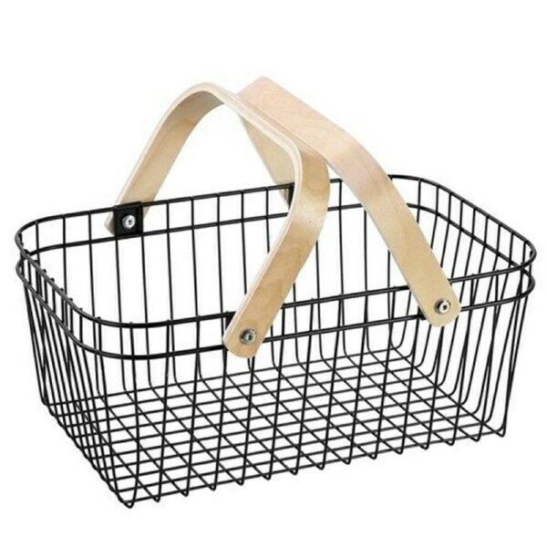 Black Wire Storage Basket w/Wooden Handle Food Fruit Veggie Organizer