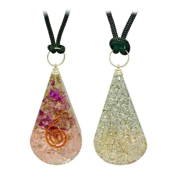Amethyst Rose Quartz Copper Coil Teardrop Orgonite Pendant Healing Necklace
