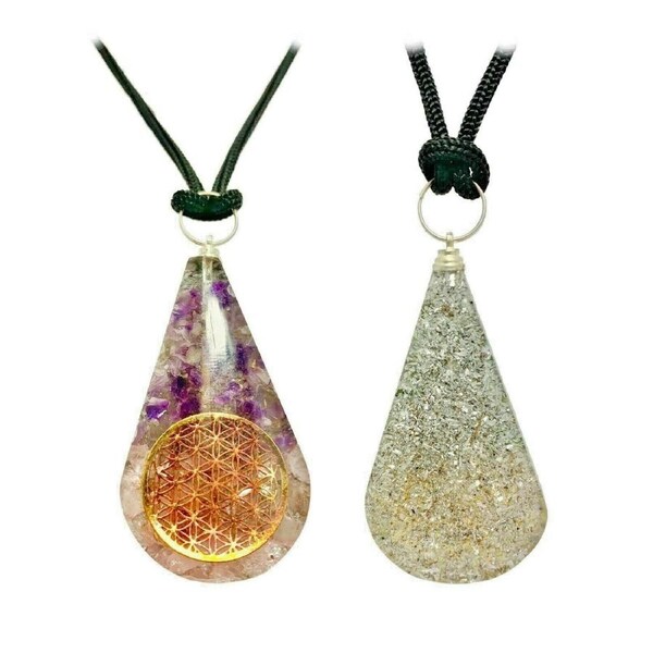 Amethyst Rose Quartz Flower of Life Teardrop Orgonite Pendant Healing Necklace