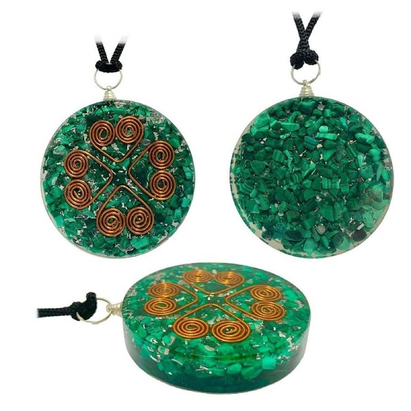 Orgonite Pendant Malachite Heart Copper Coil Gemstone Disc Reiki Energy