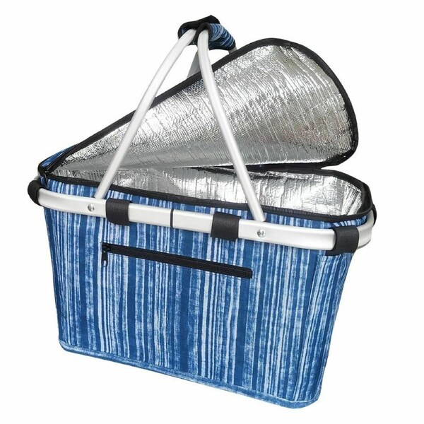 Sachi Collapsible Foldable Picnic Shop Carry Basket Bag W/ Lid 49cm Blue Stripes