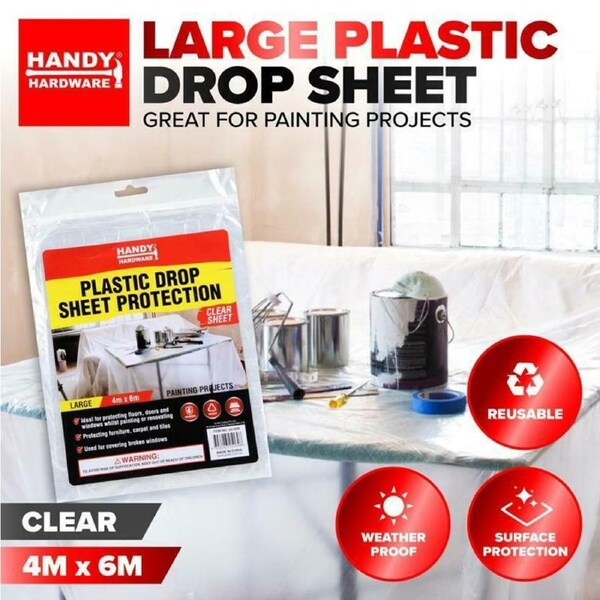 Plastic Drop Sheet Protection Clear Reusable Durable 4m x 6m Handy Hardware