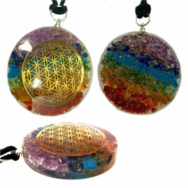 Pendant Flower of Life 7 Chakra Pendant Crystal Orgone Gemstone Orgonite Reiki