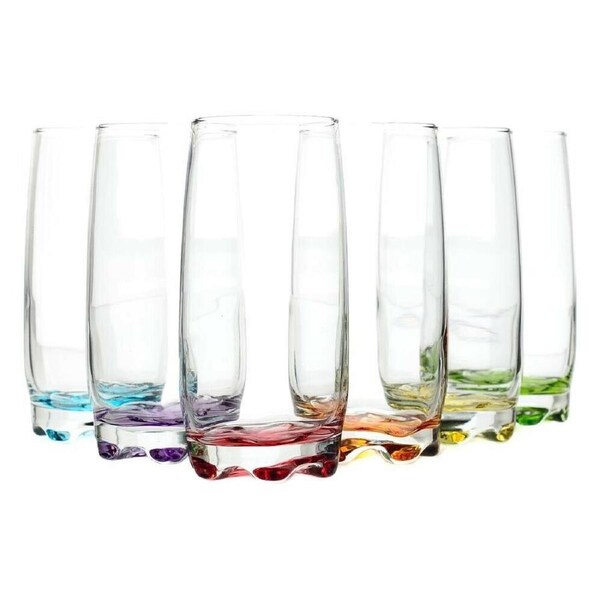 Set of 6 Clear Glass Tumblers Coloured Base Water Drinking Glasses Drink 390ml