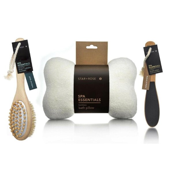 Spa Essentials 3 pieces Set Brush Double Side Foot Smoothie Bamboo Bath Pillow