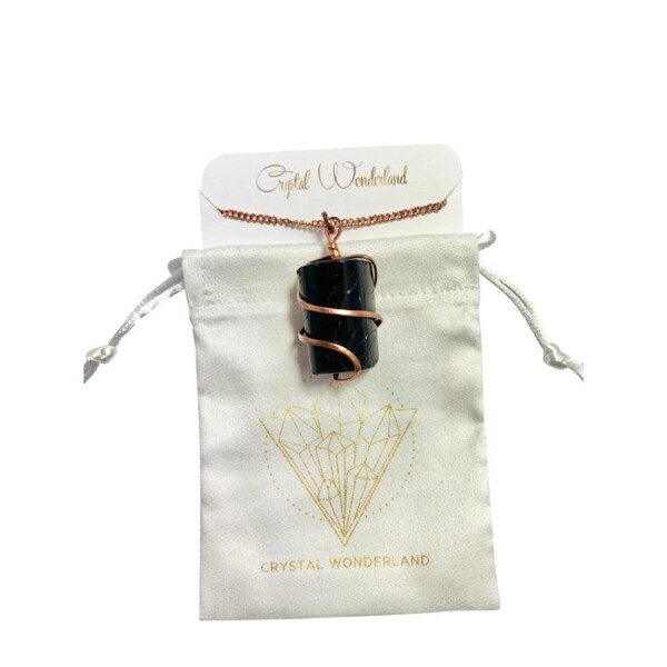 Infinity Loop Crystal Tumbled Black Tourmaline Pendant Copper Natural Crystal
