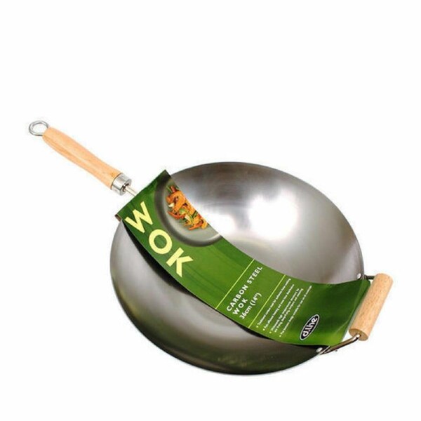 Large Wok Professional Carbon Steel Chinese Wood Handle Flat Base Stir Fry 36cm