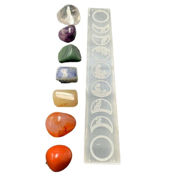 Moon Phases Selenite Crystal Charging Plate 7 Pieces Tumbled Crystal Set