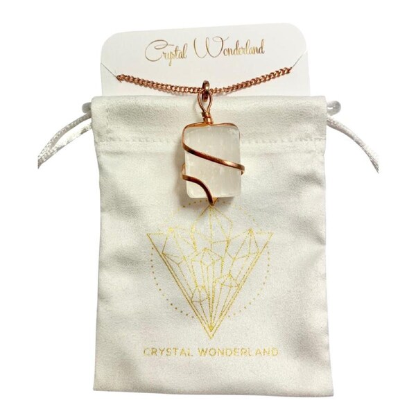 Infinity Loop Tumbled Selenite Pendant Copper Healing Natural Crystal Gemstone