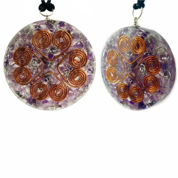 Orgonite Pendant Amethyst Heart Copper Coil Gemstone Disc Reiki Energy