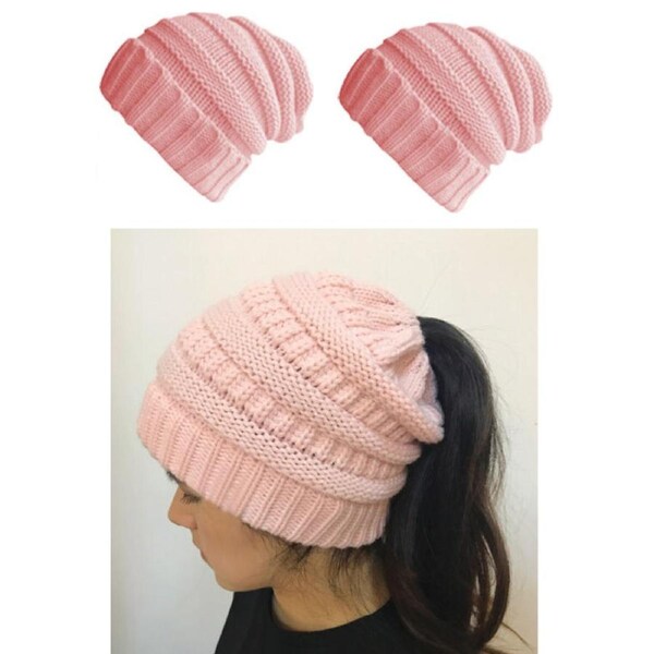 Tail Messy Soft Beanie Bun Hat Ponytail Stretchy Knitted Crochet Skull Pink