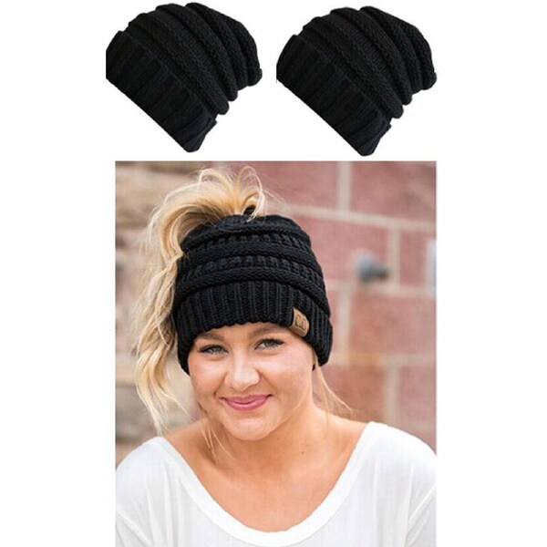 Tail Messy Soft Beanie Bun Hat Ponytail Stretchy Knitted Crochet Skull Black