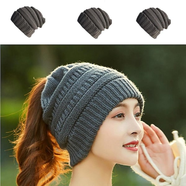 Tail Messy Soft Beanie Bun Hat Ponytail Stretchy Knitted Crochet Skull Grey