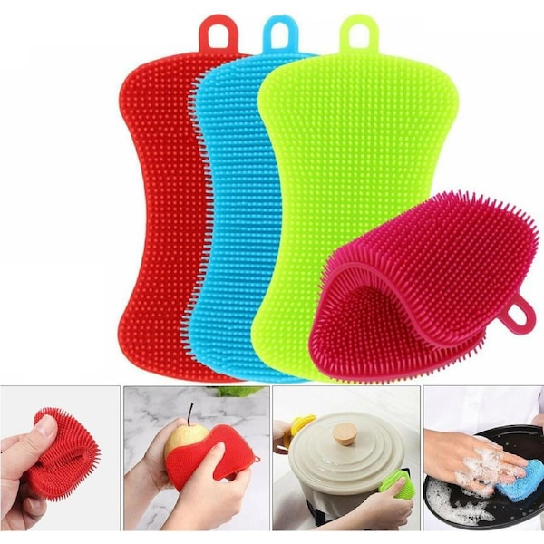 4x Home Kitchen Silicone Scrubber Sponge Brush Dish Pot Pan Washing Cleaning
