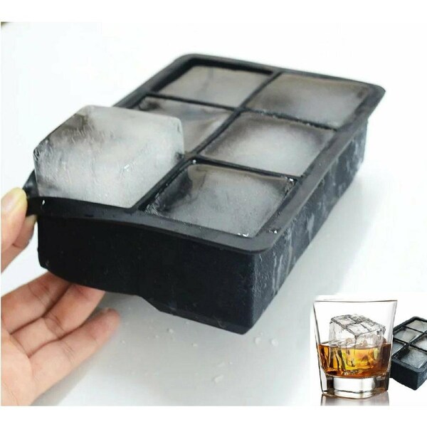 6 Grids Whiskey Silicone Ice Cube Mould Giant Square Black Tray Mold with Lid