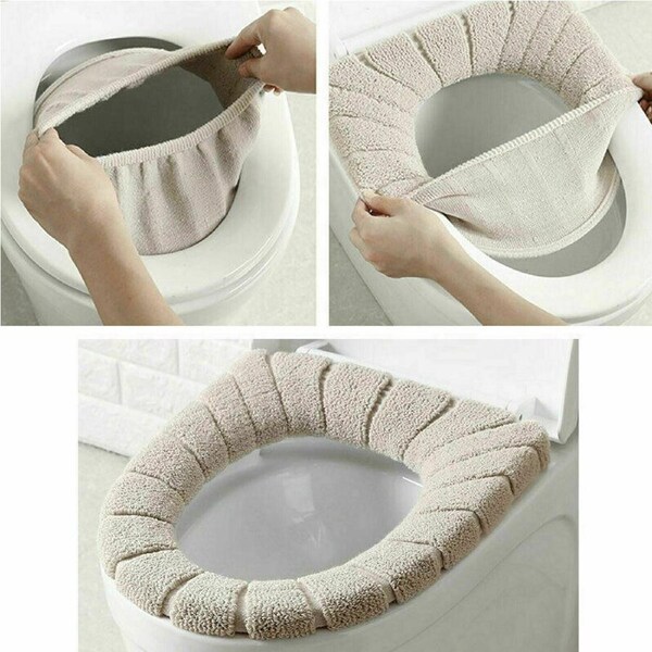 Beige Soft Bathroom Seat Toilet Closestool Washable Warmer Mat Cover