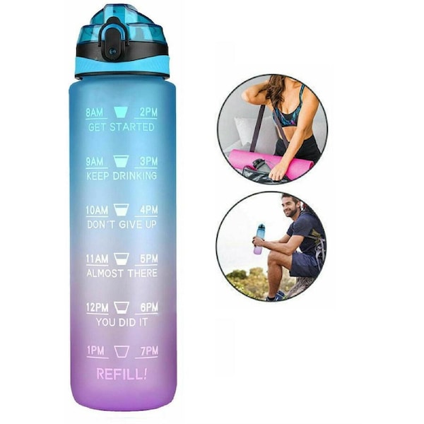 1L Water Bottle Motivational Drink Flask Time Markings Sport Gym Blue/Purple
