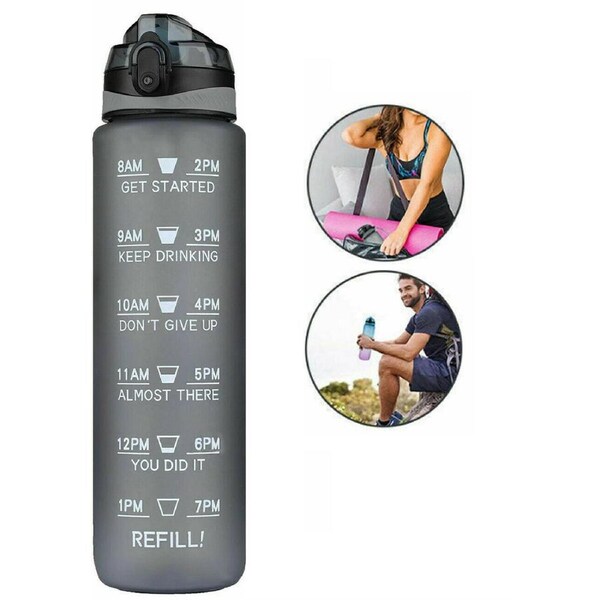 1L Water Bottle Motivational Drink Flask Time Markings BPA Free Sport Gym Grey