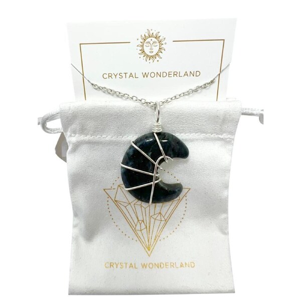 Larvikite Half Moon Shape Pendant Necklace Silver Healing Polished Tumbled
