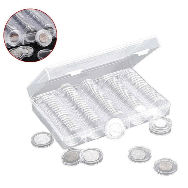 100pcs Coin Storage Box Case Capsules Holder Clear Plastic Round Coins Container