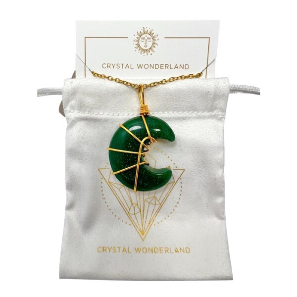 Green Aventurine Half Moon Shape Pendant Necklace Gold Healing Polished Tumbled