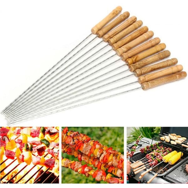 12x BBQ Metal Skewers Stainless Steel Flat Needle Barbecue Tools Kebab Stick