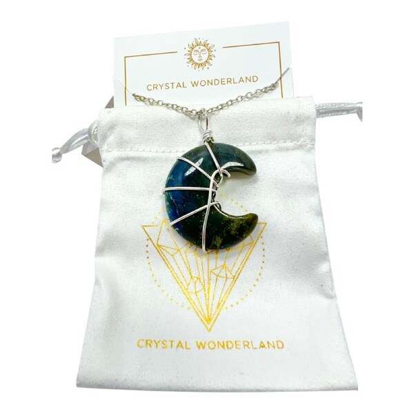 Labradorite Half Moon Shape Pendant Necklace Silver Healing Polished Tumbled