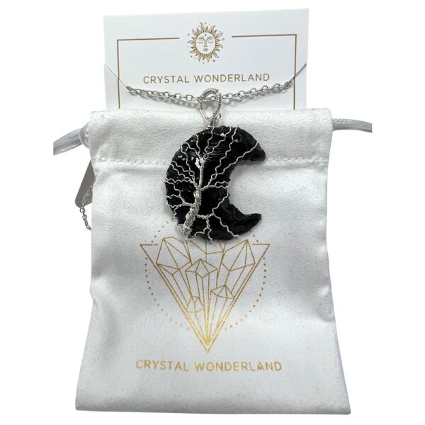 Black Obsidian Rough Half Moon Shape Pendant Necklace Silver Healing