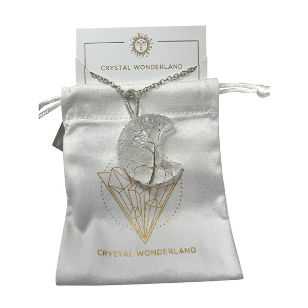 Clear Quartz Rough Half Moon Shape Crystal Pendant Necklace Silver Healing