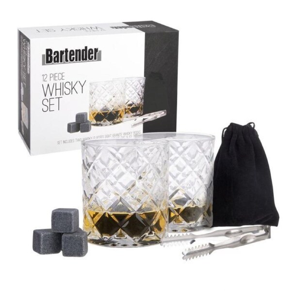 12 Piece Bartender Whisky Set Whiskey Glass Glasses Tongs Stones Rocks Cubes