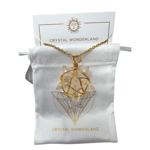 Clear Quartz Rough Star Shape Pendant Necklace Gold Healing Crystal