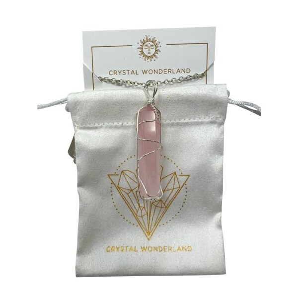 Rose Quartz Double Pointed Terminated Crystal Pendant Necklace Silver Healing