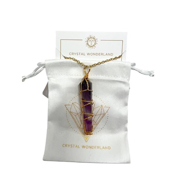 Amethyst Double Pointed Terminated Crystal Pendant Necklace Gold Healing