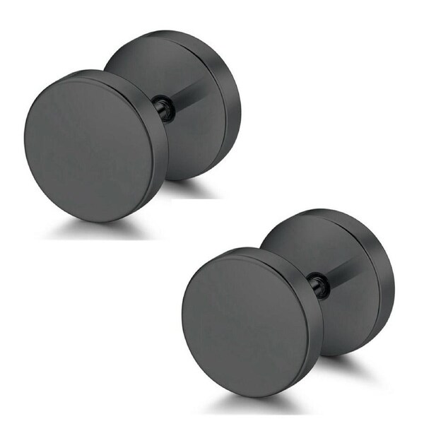 1 Pair Black Flat Round Barbell Earrings Plug Mens Stud 316 Stainless Steel 6mm