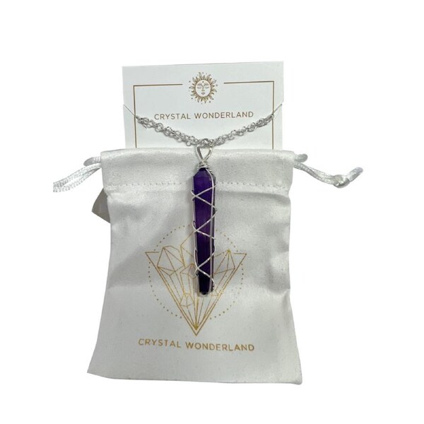 Amethyst Double Pointed Terminated Crystal Pendant Necklace Silver Healing