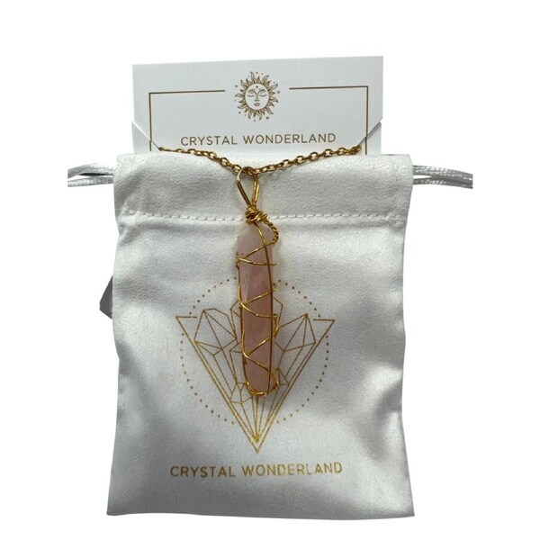 Rose Quartz Double Pointed Terminated Crystal Pendant Necklace Gold Healing