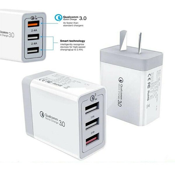 30W Qualcomm 3Port QC3.0 Fast Charging USB Wall Charger Plug Adapter For iPhone