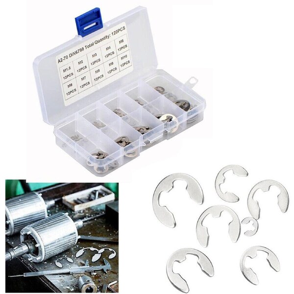 120pcs Stainless Steel E-Clip Assortment Tool Kit Retaining Circlips 1.5-10mm