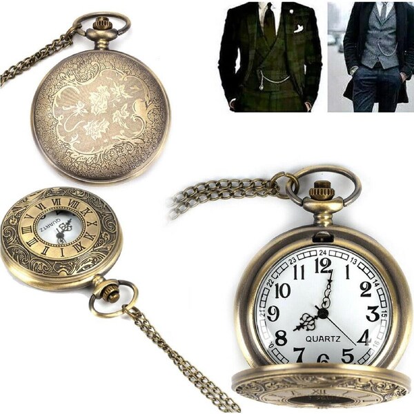 Vintage Steel Quartz Pocket Watch Classic Fob Pocket Watch with Short Chain