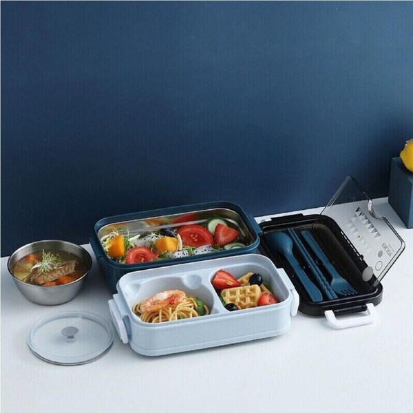 Bento Box Lunch Containers Food Microwave Stainless Portable Dinnerware Blue
