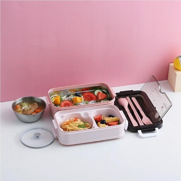 Bento Box Lunch Containers Food Microwave Stainless Portable Dinnerware Pink