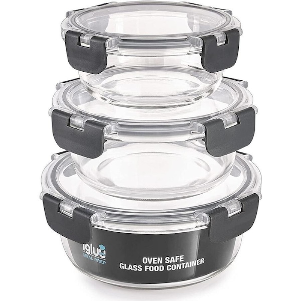 3x Stackable Glass Round Containers Food Meal Storage Different Sizes Lunch Box